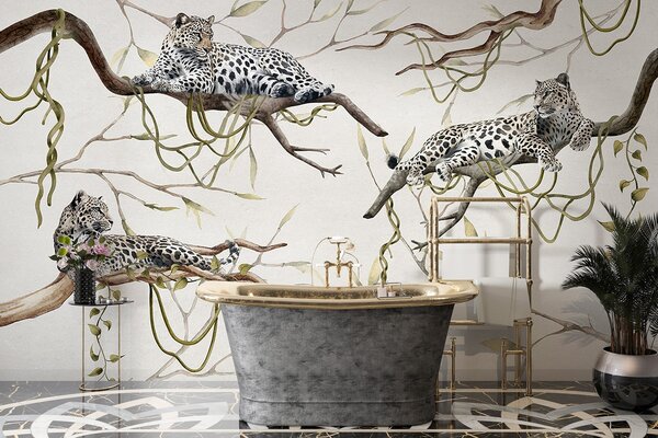 Tapety Leopardy na stromoch džungle, liany, tropické, divoké zvieratá, pastelová paleta farieb, Fototapety zvieratá, w03146v4 : Uwalls.sk