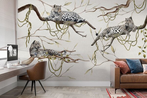 Tapety Leopardy na stromoch džungle, liany, tropické, divoké zvieratá, pastelová paleta farieb, Fototapety zvieratá, w03146v4 : Uwalls.sk