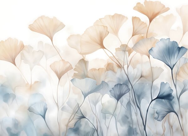 Tapety Listy ginka v modrej a oranžovej akvarelovej farbe, priesvitné okvetné lístky, jemné, Fototapety s prírodnými motívmi, w08917 : Uwalls.sk