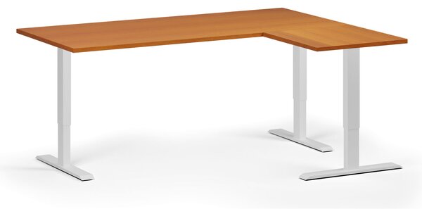 Výškovo nastaviteľný stôl, 180x140 cm, 3 motory, L/P, biela podnož, čerešňa