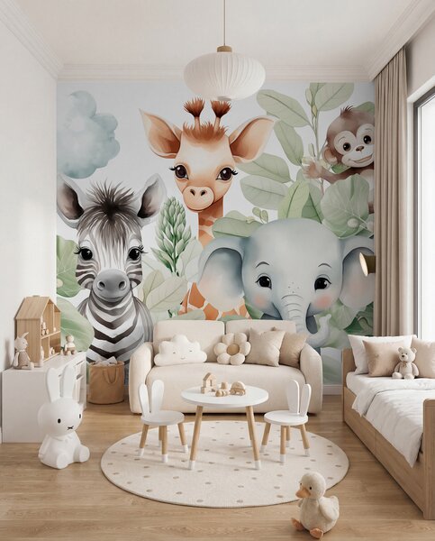 Tapety Žirafa, zebra, slon a opica medzi lístím, Detské fototapety, w03677 : Uwalls.sk
