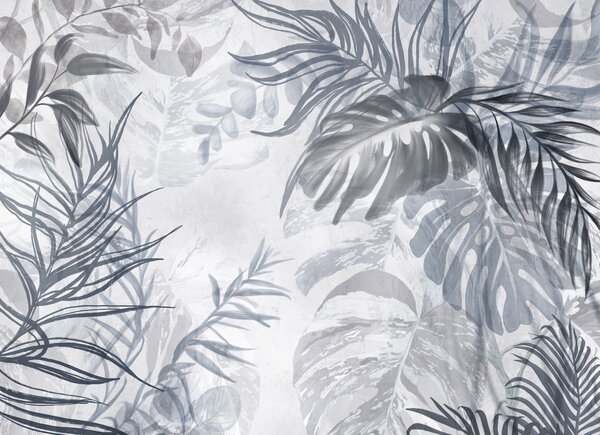 Tapety Monstera a palmové listy v odtieňoch modrej a sivej, botanické, tropické, Fototapety s lesom, Fototapety tropické, w09011v1 : Uwalls.sk