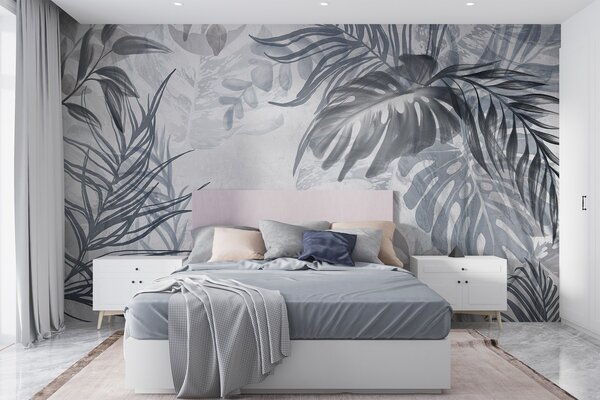 Tapety Monstera a palmové listy v odtieňoch modrej a sivej, botanické, tropické, Fototapety s lesom, Fototapety tropické, w09011v1 : Uwalls.sk