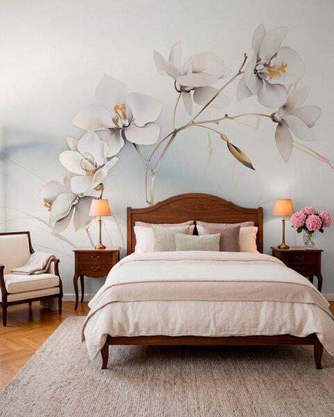 Tapety Biela orchidea vetva v akvarelovom štýle, Fototapety s kvetmi, w09022 : Uwalls.sk