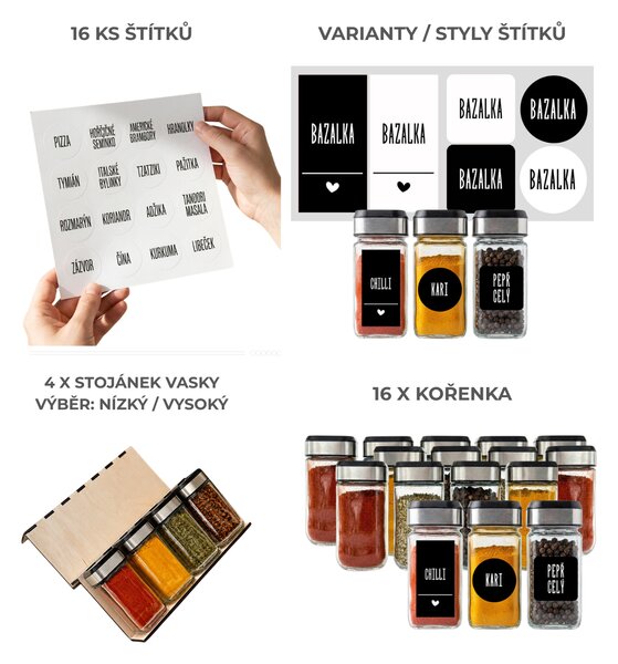 Orion Sada 16ks koreničiek INOX 100ml + 4ks organizér na koreničky VASKY + sada 16ks štítkov