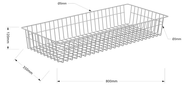 Drôtený kôš KS30 pre policu s hĺbkou 400 mm, 350(v)x800(š)x120(h) mm
