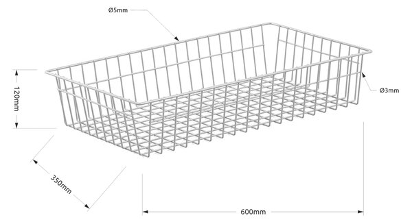 Drôtený kôš KS29 pre policu s hĺbkou 400 mm, 350(v)x600(š)x120(h) mm