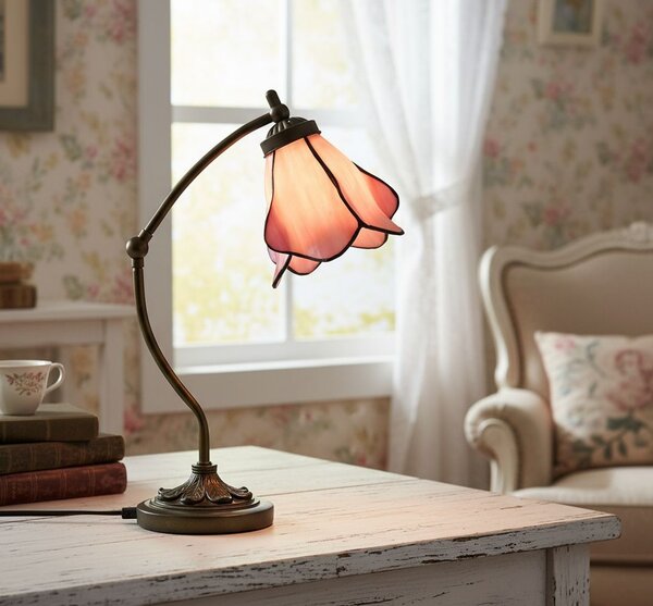 Stolová lampa Tiffany s ružovým tienidlom kvet Bloom - 26*19*50 cm - Clayre & Eef