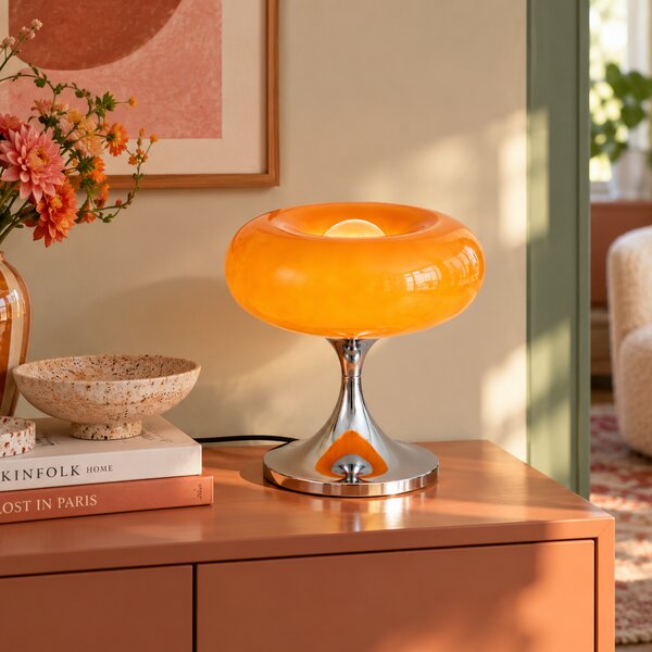 Retro stolná lampa chróm s oranžovým skleneným tienidlom 31cm - Glaze