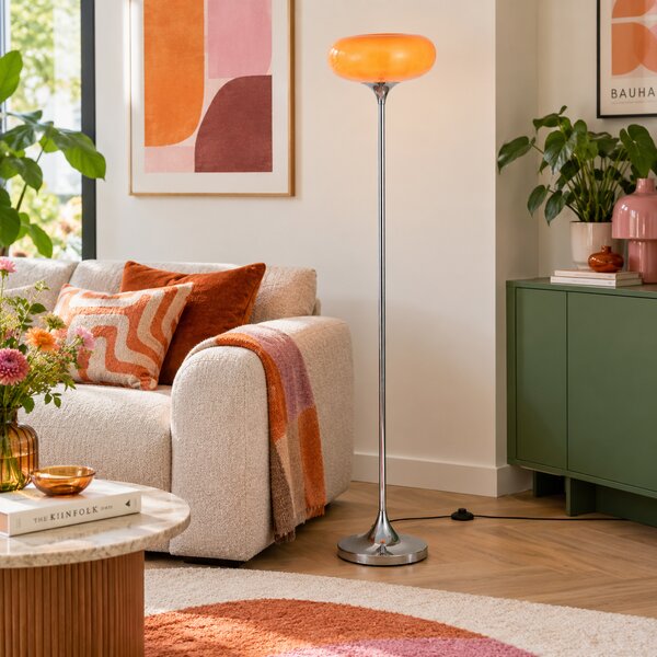 Retro stojaca lampa chrómová s oranžovým skleneným tienidlom 150 cm - Glaze