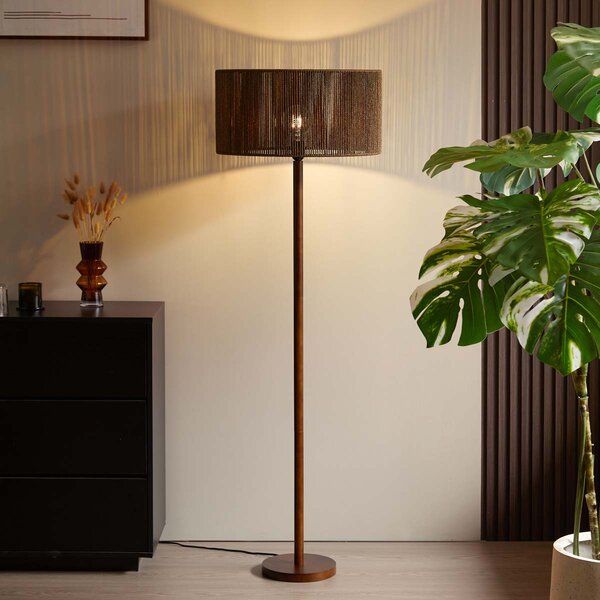 Stojacia lampa z orechového dreva s hnedým tienidlom z papierového lana 50/50/25 - Mels