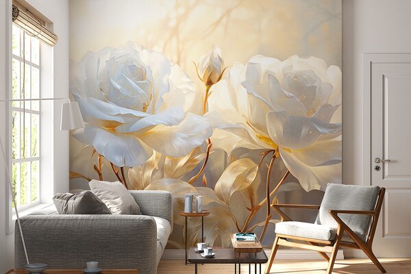 Tapety Biele ruže na zlatých stonkách, Fototapety s kvetmi, w09258 : Uwalls.sk