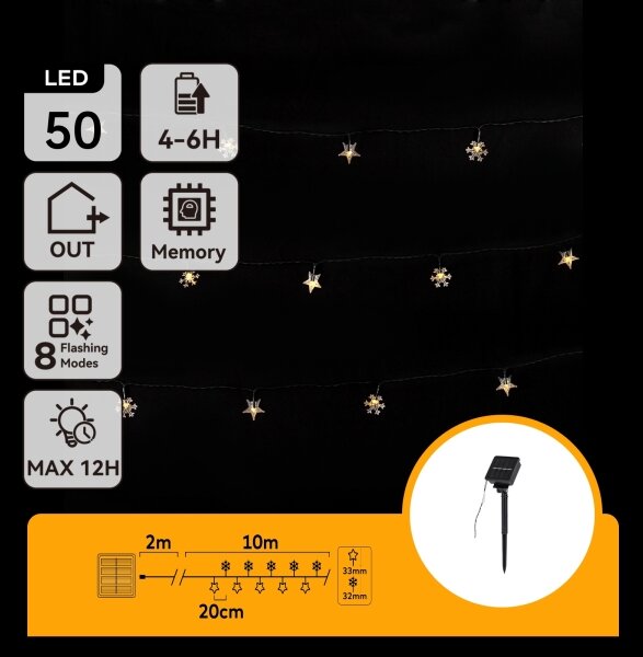 Aigostar - Solárna LED reťaz 50xLED/8 funkcií 12m IP65 teplá biela