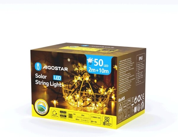 Aigostar - Solárna LED reťaz 50xLED/8 funkcií 12m IP65 teplá biela
