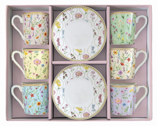 FEDORA Home Set pre 6 osôb - porcelánový hrnček espresso s tanierikom, 100ml, Coffee Mania Spring Flowers