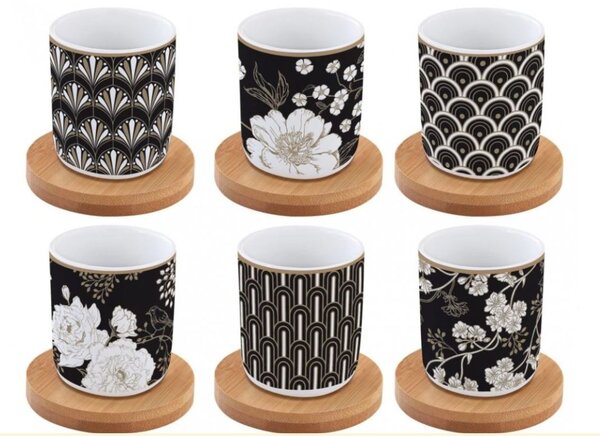 FEDORA Home Set pre 6 osôb - porcelánový hrnček espresso s bambusovým tanierikom, 100ml, Coffee Mania Art Flowers