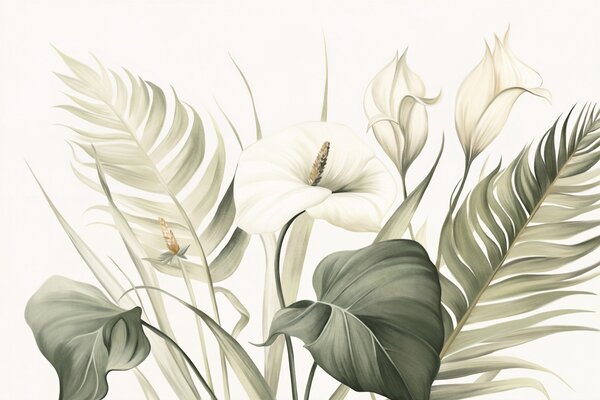 Tapety Biele kala a zelené tropické listy, botanická ilustrácia, svetlé pozadie, vintage štýl, textúrované, Fototapety s kvetmi, w09423 : Uwalls.sk