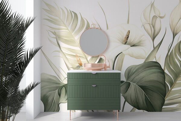 Tapety Biele kala a zelené tropické listy, botanická ilustrácia, svetlé pozadie, vintage štýl, textúrované, Fototapety s kvetmi, w09423 : Uwalls.sk