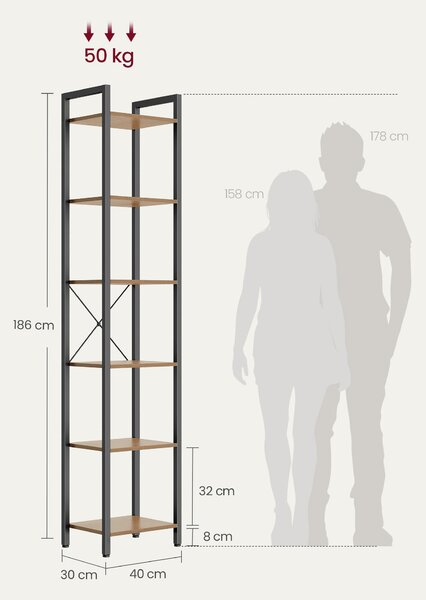 REGÁL, čierna, farba vlašského orecha, oceľ, 40/186/30 cm Boxxx - Regály, Online Only