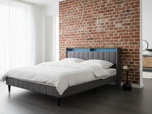 Posteľ tmavosivá látková čalúnená 180 x 200 cm čalúnené čelo s LED USB port moderný dizajn