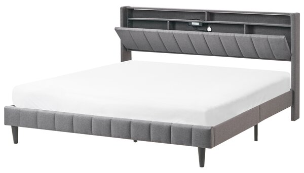 Posteľ tmavosivá látková čalúnená 180 x 200 cm čalúnené čelo s LED USB port moderný dizajn