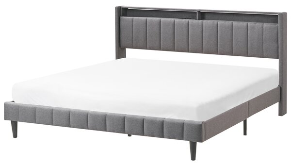 Posteľ tmavosivá látková čalúnená 180 x 200 cm čalúnené čelo s LED USB port moderný dizajn