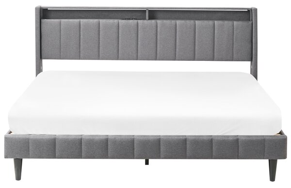 Posteľ tmavosivá látková čalúnená 180 x 200 cm čalúnené čelo s LED USB port moderný dizajn