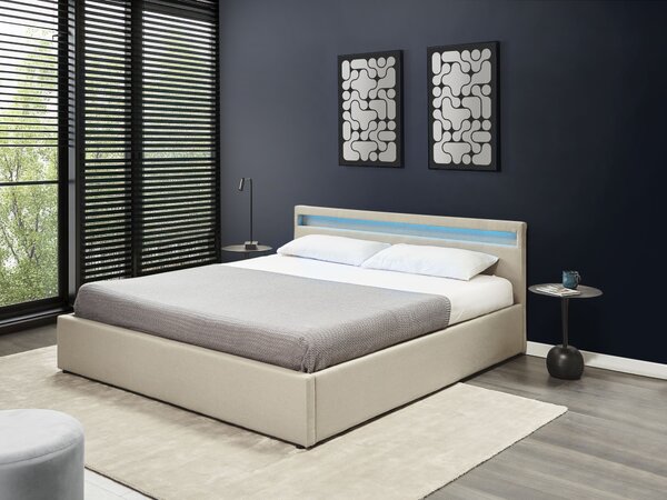 Posteľ s úložným priestorom béžová látkové čalúnenie 180 x 200 cm s čelom s viacfarebným LED osvetlením lamelový rošt spálňa