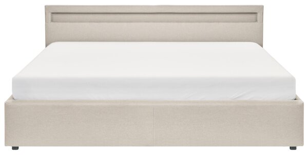 Posteľ s úložným priestorom béžová látkové čalúnenie 180 x 200 cm s čelom s viacfarebným LED osvetlením lamelový rošt spálňa