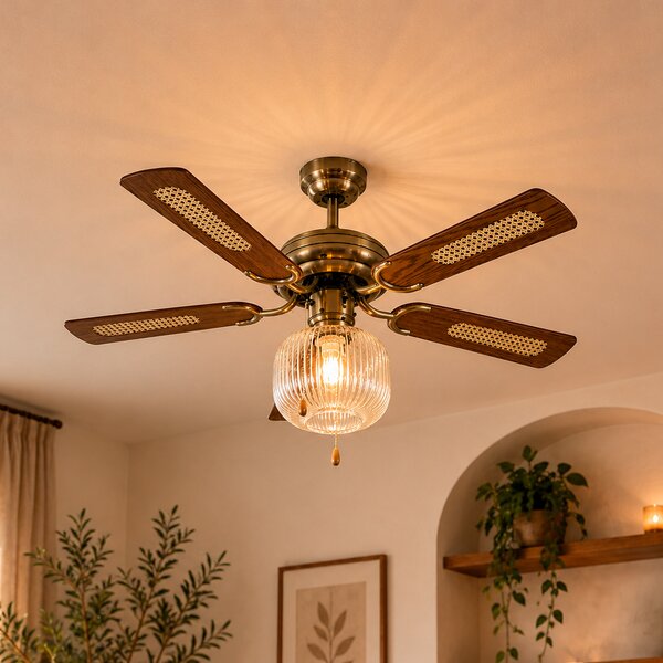 Stropný ventilátor mosadzný s drevom 107,5 cm s ťahovým spínačom - Mistral Karel