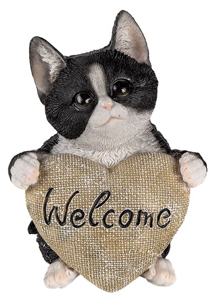 Dekoratívne soška mačiatka so srdcom Welcome - 12 * 9 * 15 cm - Clayre & Eef