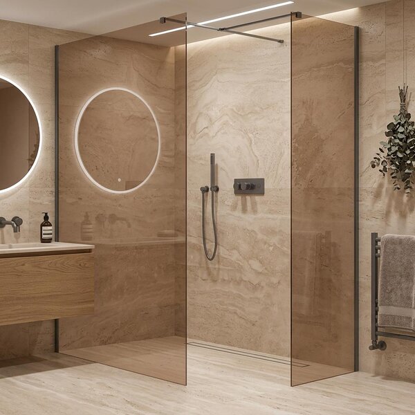 CERANO - Sprchová zástena Walk-in Onyx TL/P - 8 mm - hranatá vzpera - čierna matná, bronzové sklo - 130x110x200 cm