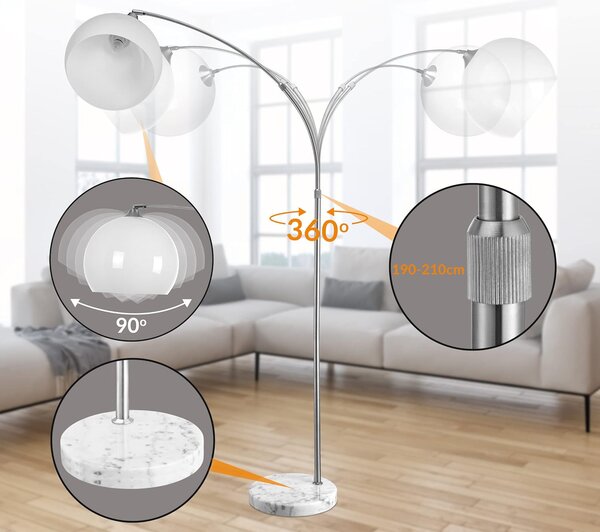 Dizajnová oblúková stojanová lampa s mramorovou základňou - nastaviteľná 190 - 200 cm
