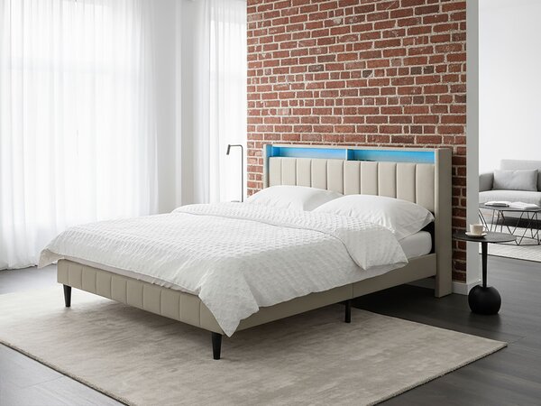 Posteľ béžová látková čalúnená 160 x 200 cm čalúnené čelo s LED USB port moderný dizajn