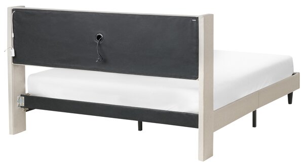Posteľ béžová látková čalúnená 160 x 200 cm čalúnené čelo s LED USB port moderný dizajn