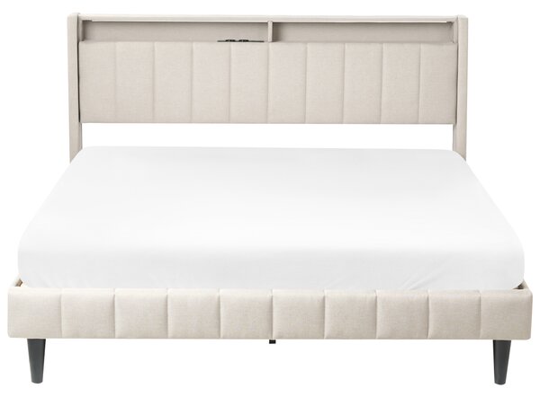 Posteľ béžová látková čalúnená 160 x 200 cm čalúnené čelo s LED USB port moderný dizajn