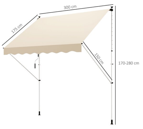 OUTSUNNY Výškovo nastaviteľná prenosná markíza vhodná na balkón 300 x 150 cm krémová