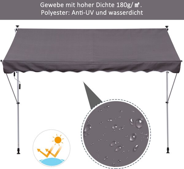 OUTSUNNY Výškovo nastaviteľná prenosná markíza vhodná na balkón 200 x 150 cm sivá