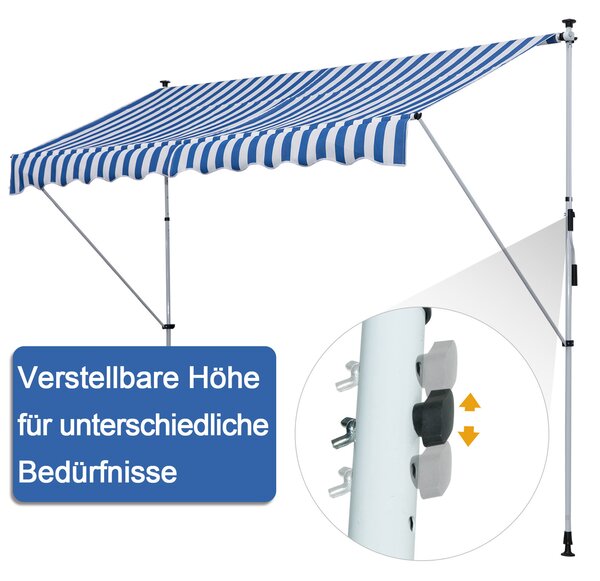 OUTSUNNY Výškovo nastaviteľná prenosná markíza vhodná na balkón 300 x 150 cm modro-biela