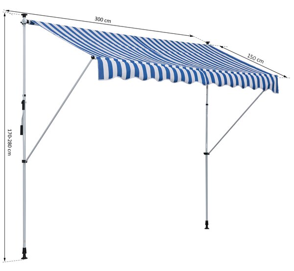 OUTSUNNY Výškovo nastaviteľná prenosná markíza vhodná na balkón 300 x 150 cm modro-biela