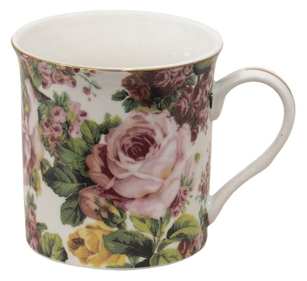 Porcelánový hrnček s kvetmi a zlatou linkou Pink Flowers - 12*8*9 cm / 330 ml - Clayre & Eef