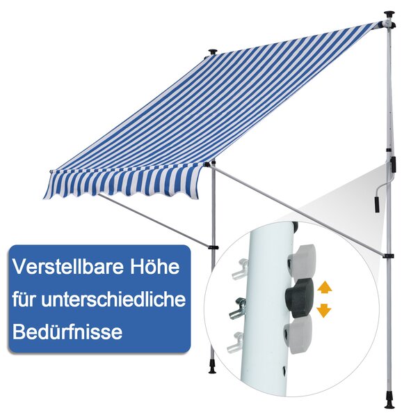 OUTSUNNY Výškovo nastaviteľná prenosná markíza vhodná na balkón 200 x 150 cm modrá a biela