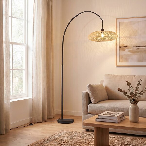 Lindby Oblúkové svietidlo Solvian, čierne/prírodné, bambus, kov, Čierna, Obývacia izba / jedáleň, kov, Moderný, Oblúková stojaca lampa