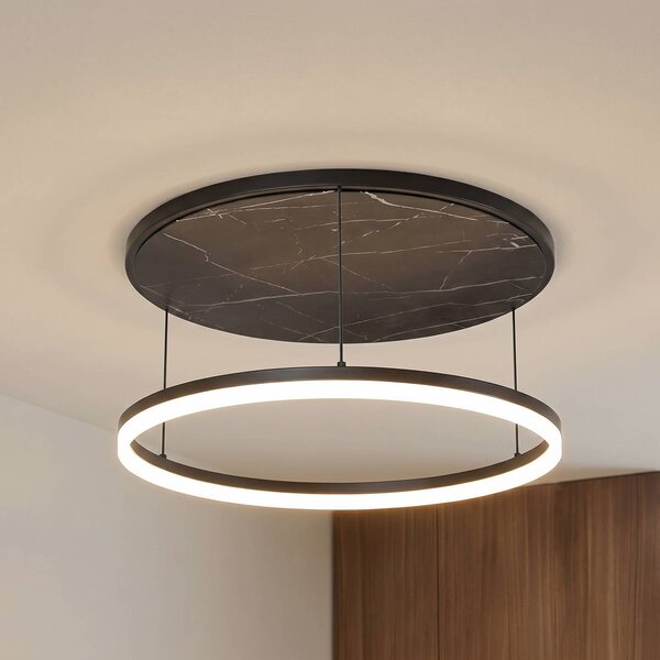 Lucande stropné LED svetlo Orven, čierne/mramorové, Ø 50 cm, stmievateľné., Čierna, Obývacia izba / jedáleň, kov, Moderný, Závesné svietidlo