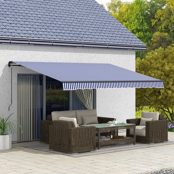 OUTSUNNY Ručne výsuvná markíza s nastaviteľným sklonom hliníková 396 x 300 cm modrá a biela