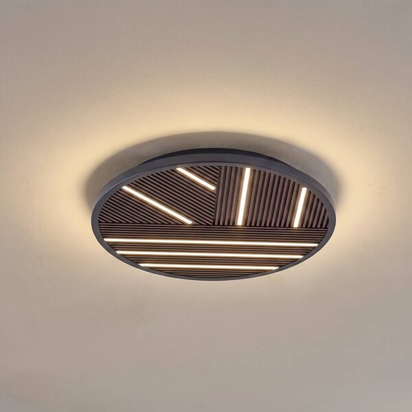 Lucande stropné LED svetlo Orven, drevo, Ø 50 cm, stmievateľné, Čierna, Obývacia izba / jedáleň, kov, Moderný, Závesné svietidlo