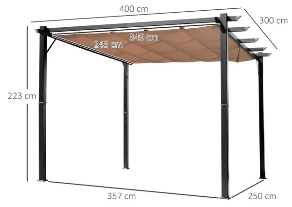 OUTSUNNY Samostatne stojaca kovová pergola so zaťahovacou plátennou strechou 400 x 300 cm hnedá