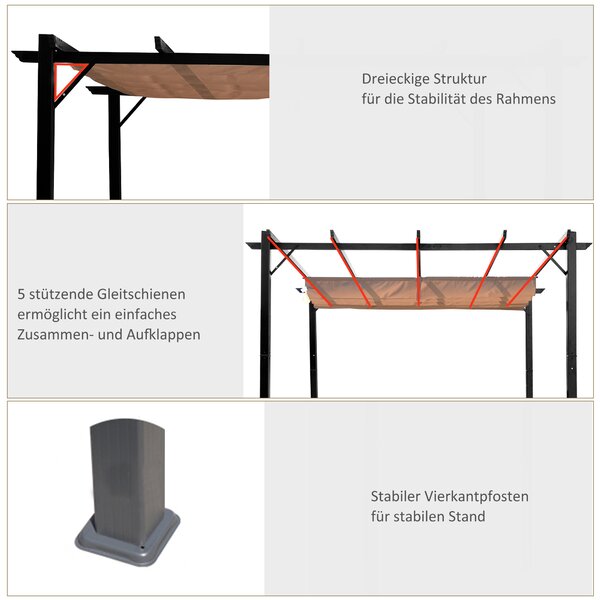 OUTSUNNY Samostatne stojaca kovová pergola so zaťahovacou plátennou strechou 400 x 300 cm hnedá