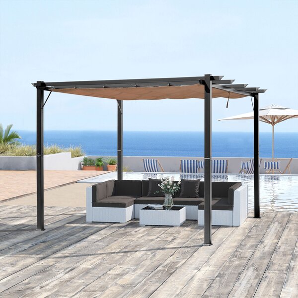 OUTSUNNY Samostatne stojaca kovová pergola so zaťahovacou plátennou strechou 400 x 300 cm hnedá