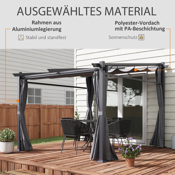 OUTSUNNY Samostatne stojaca kovová pergola so zaťahovacou plátennou strechou a bočnými stenami 297 x 295 cm sivá